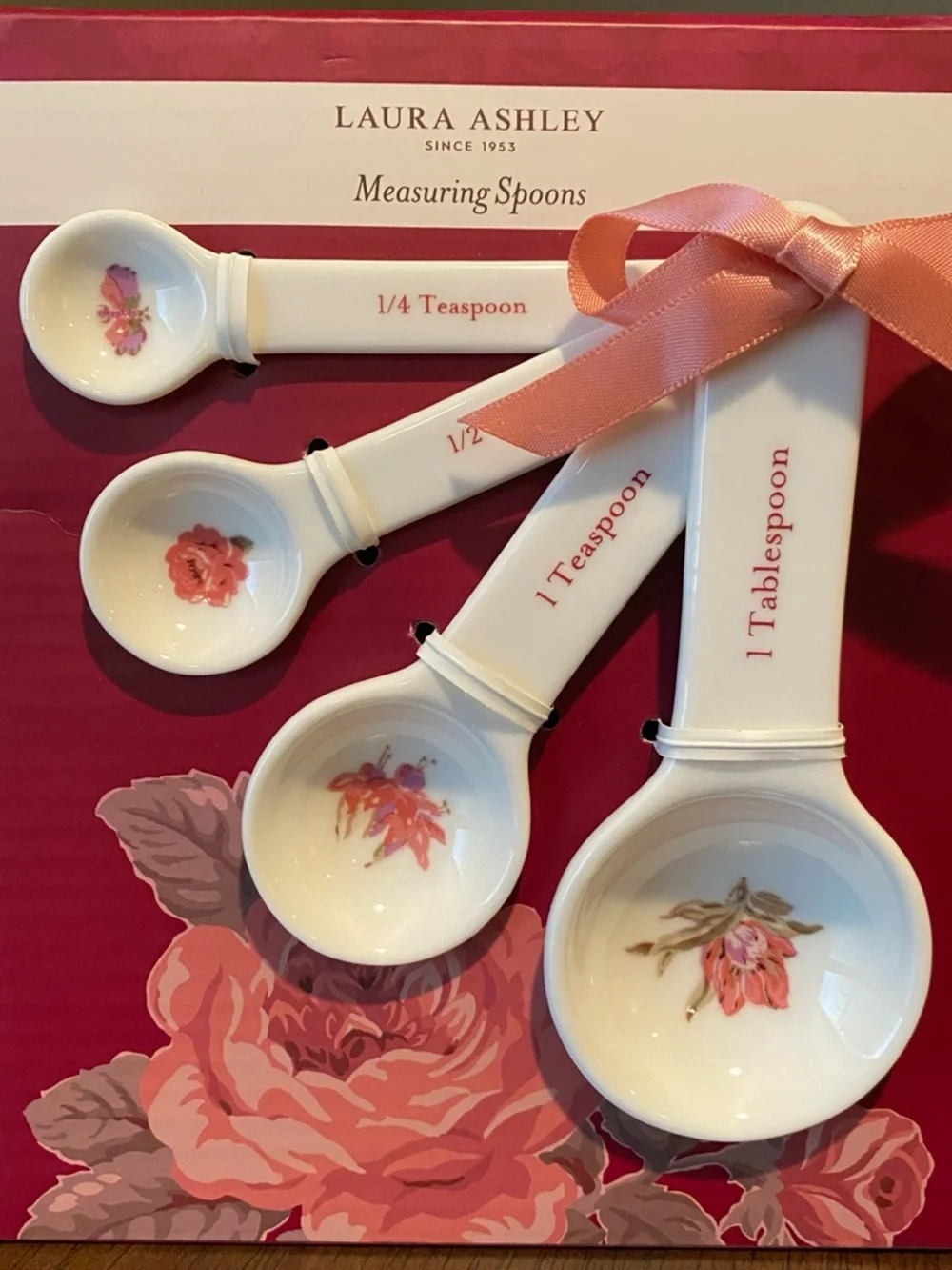 Laura Ashley White Porcelain Measuring Spoons with Pink Floral Detail